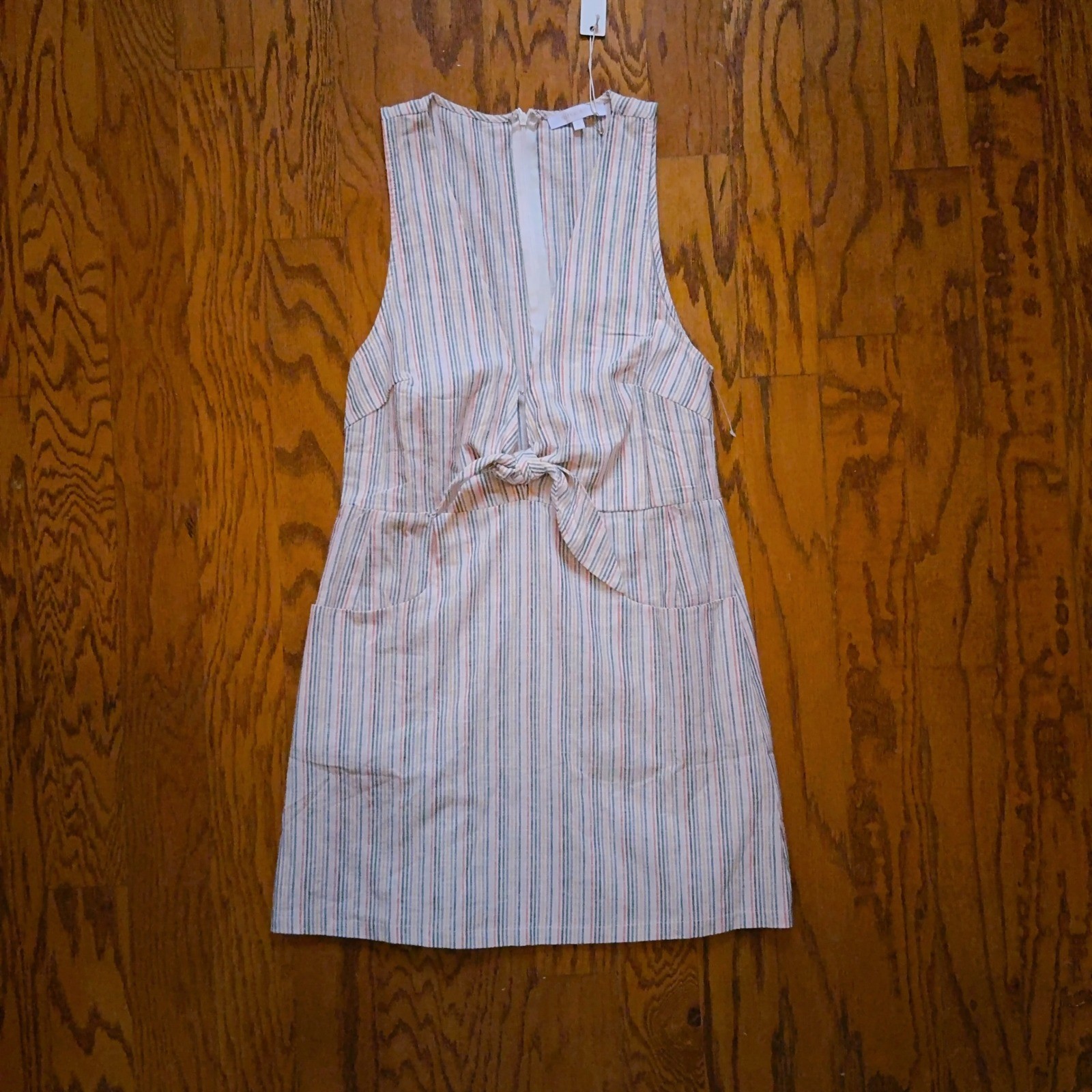 Olivaceous Linen Blend Striped Dress S Plunge V Front Knot Pockets NWT