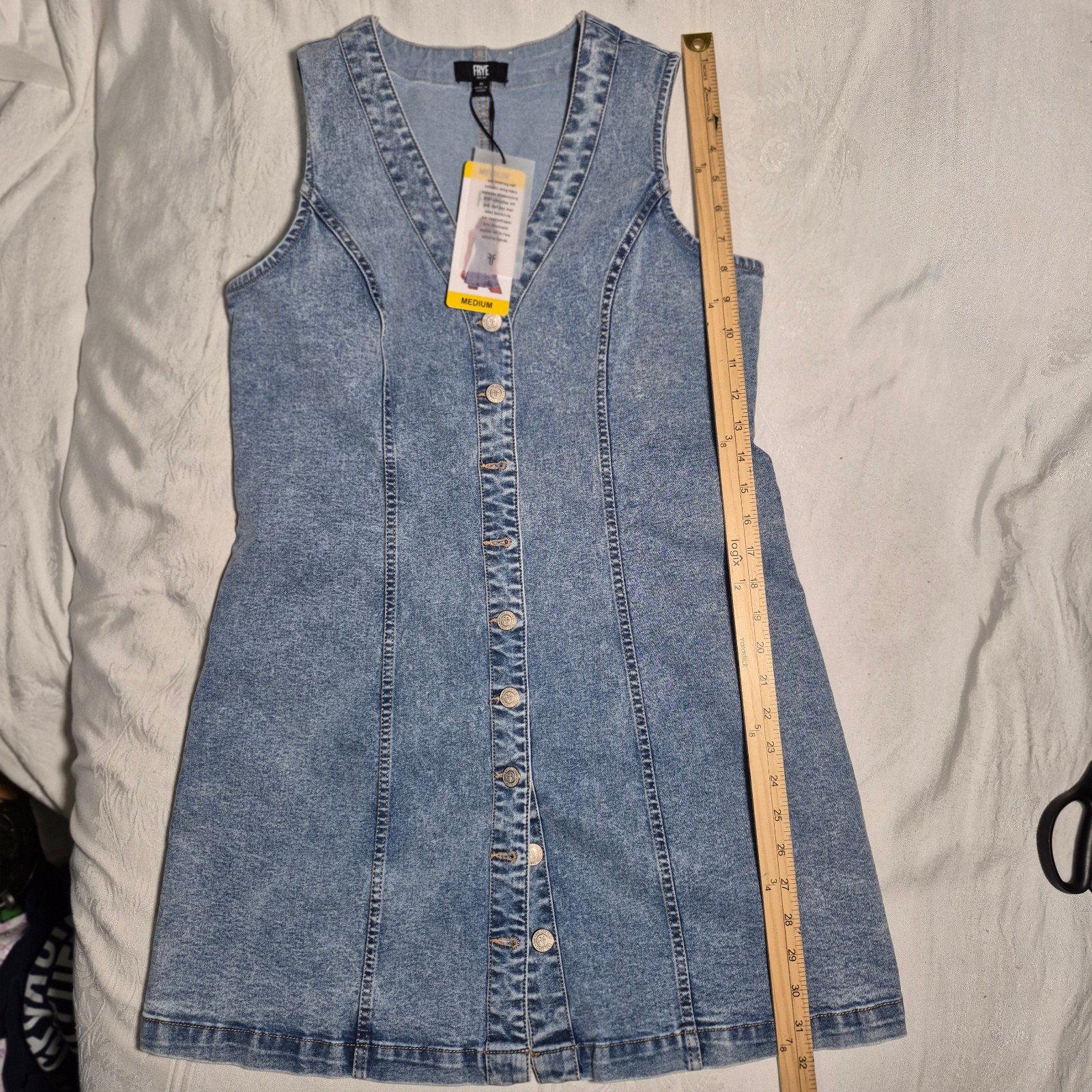 NWT Frye Denim Mini Dress Medium Light Wash Sleeveless Button Front V-Neck Stret