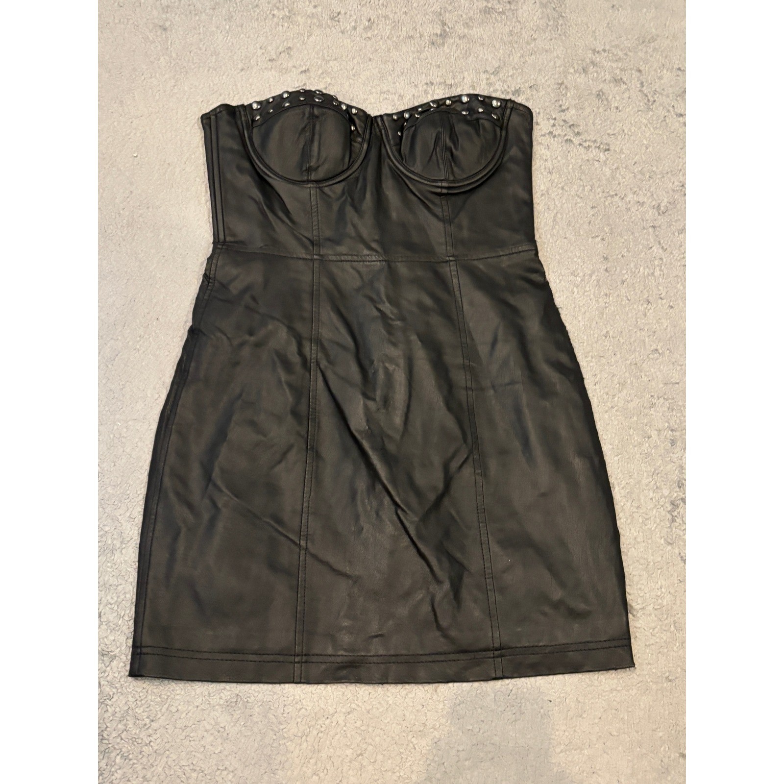 Forever 21 Faux Leather Studded Sweetheart Mini Dress Black Strapless Clubwear