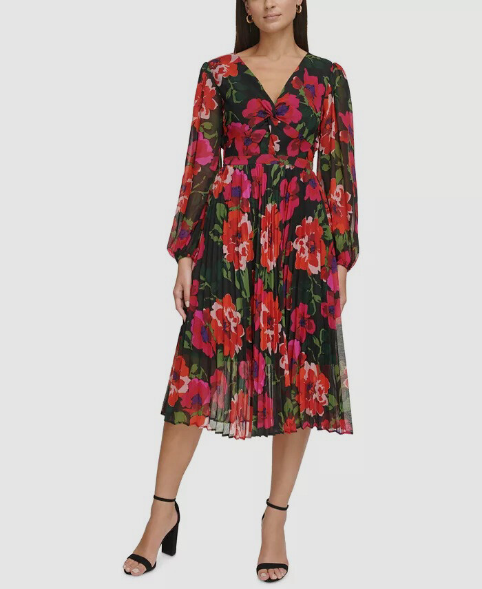 kensie Women’s Black Floral Print Twist Front Pleated Midi Dress Size 2