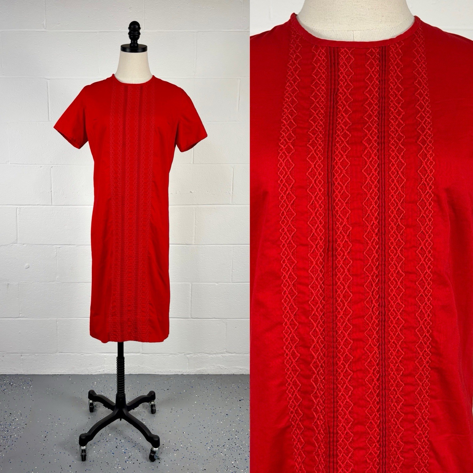 Vintage 60s Red Guayabera Cabana Shift Dress Embroidered Mod Cruise Resortwear 6