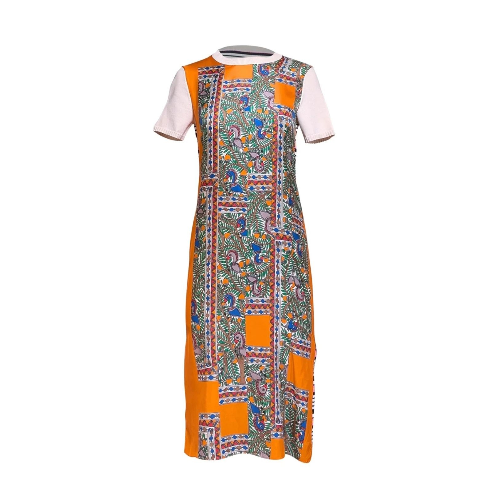 Tory Burch Orange Bird Print Short Sleeve Silk Dress Ribbed Knit Women’s Small