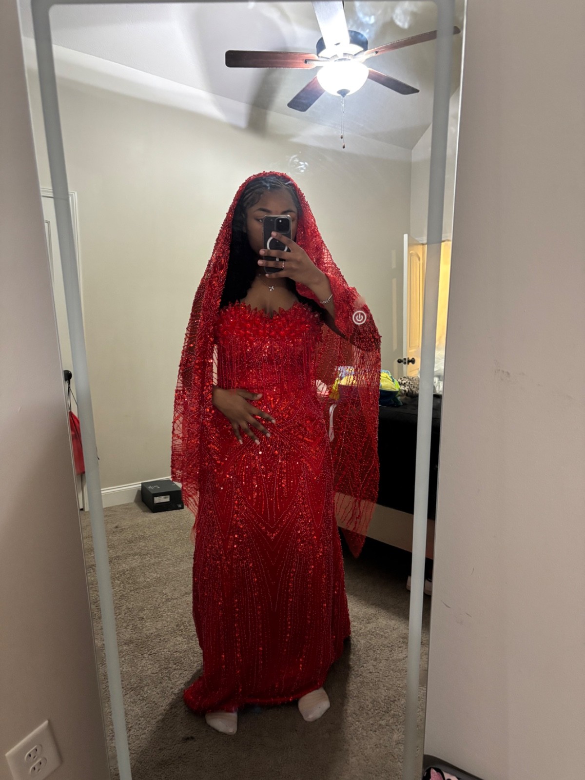 Red beaded prom dress includes split in dress and a red veil, US size 8