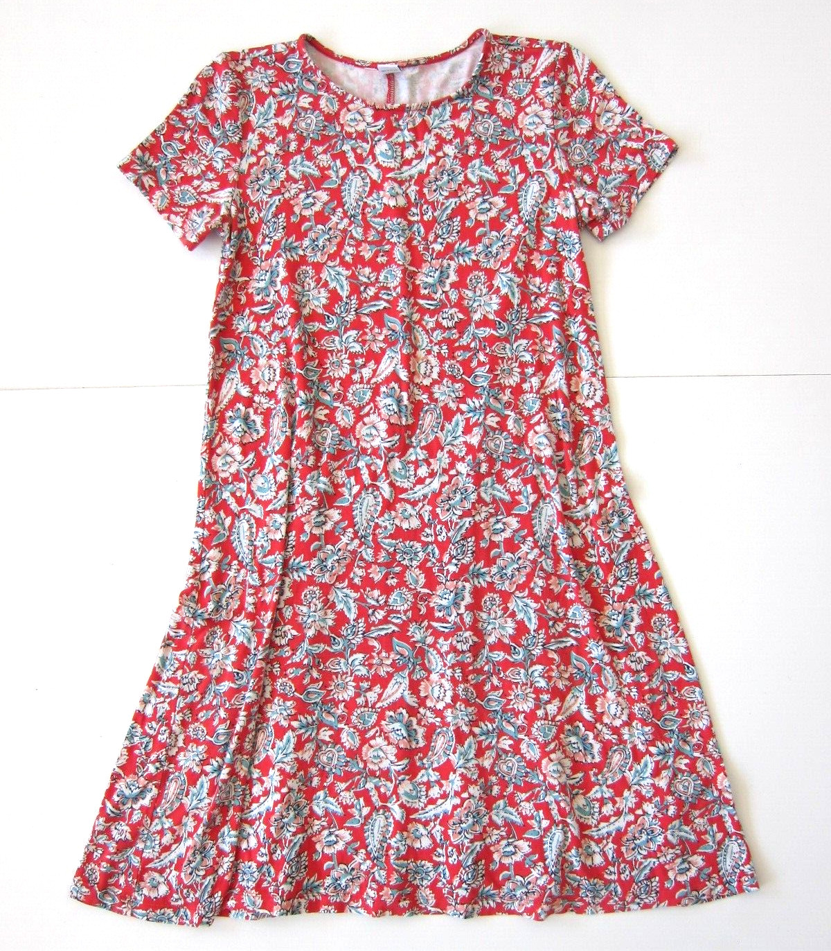 Old Navy Red Green White Floral Stretch Short Sleeve Shift Tunic A-Line Dress XS
