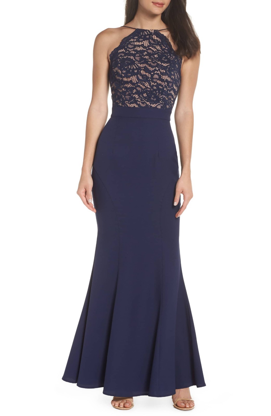 JARLO Navy Blue Nude Lace Scallop Halter Strappy Open Back Mermaid Gown 2 XS NEW