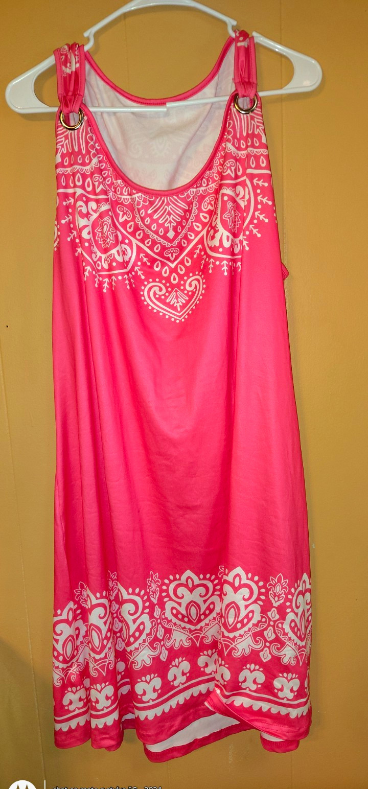 Pink/White Paisley Sundress Scoop Neck Long Sleeveless Stretch Plus Size 5XL