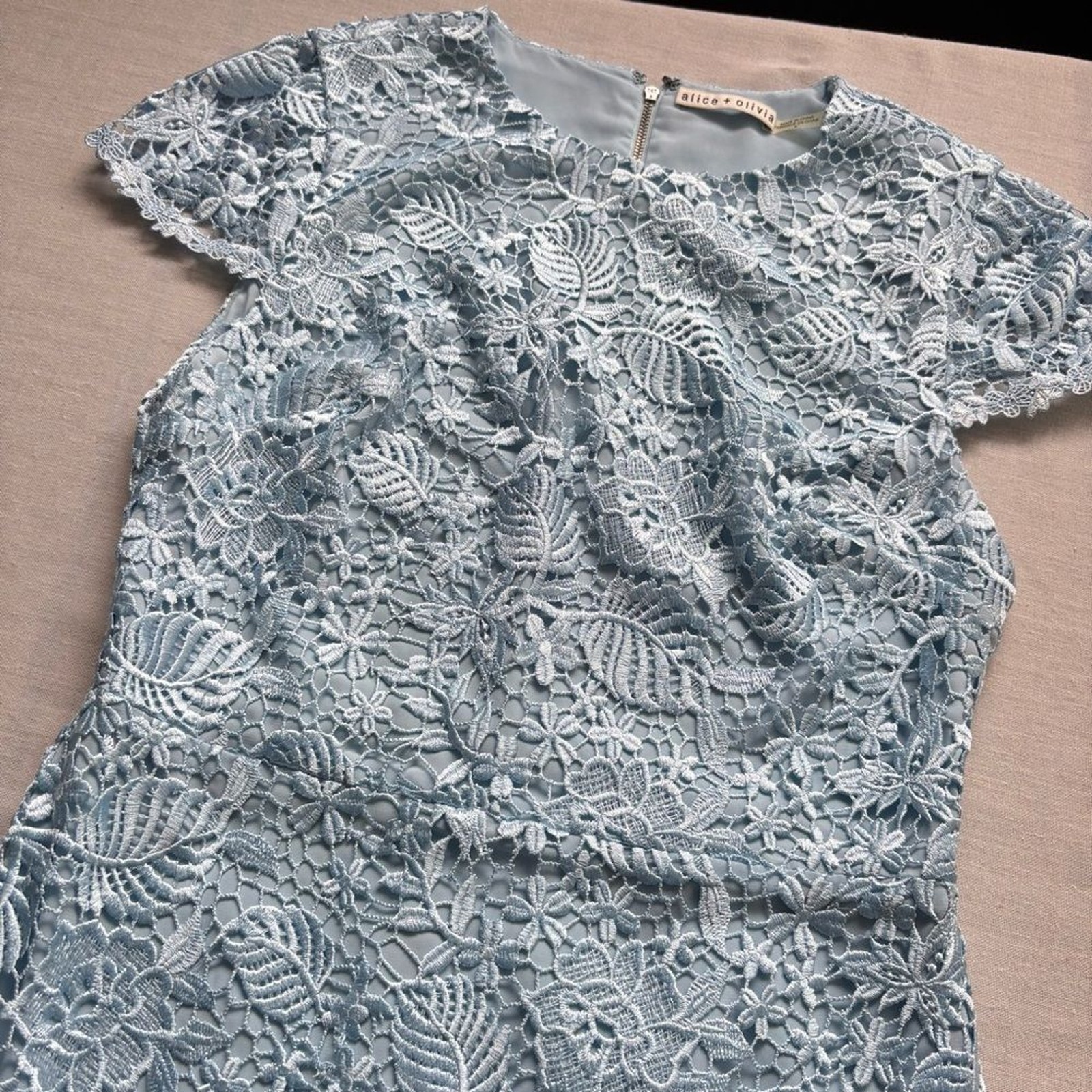 Alice + Olivia Rapunzel Lace Fit Flare Mini Dress Blue Size 8 Curved Hem