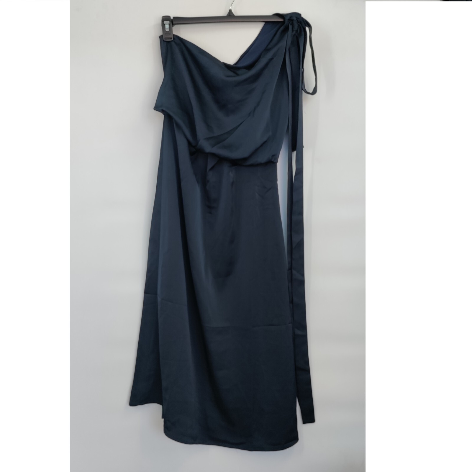 New Amylynn Satin One Shoulder Tie Sash Asymmetrical Midi Dress Small Women Blue