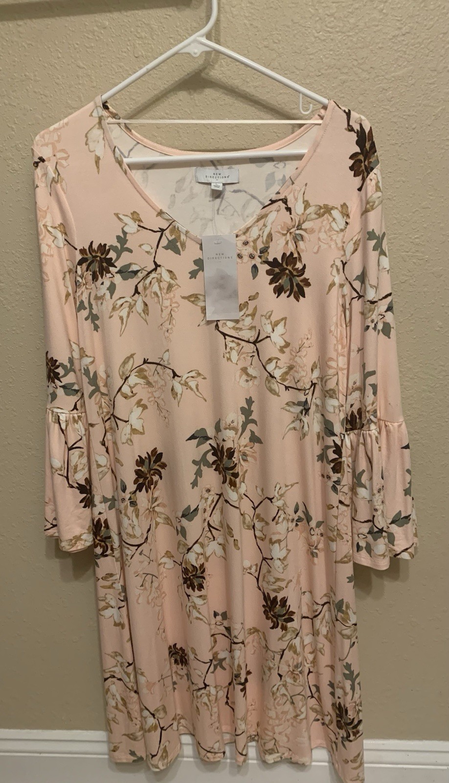 L@@K-New Directions Pink Cherry Blossom Dress 3/4 Bell Sleeve NWT $54 Sz Lg