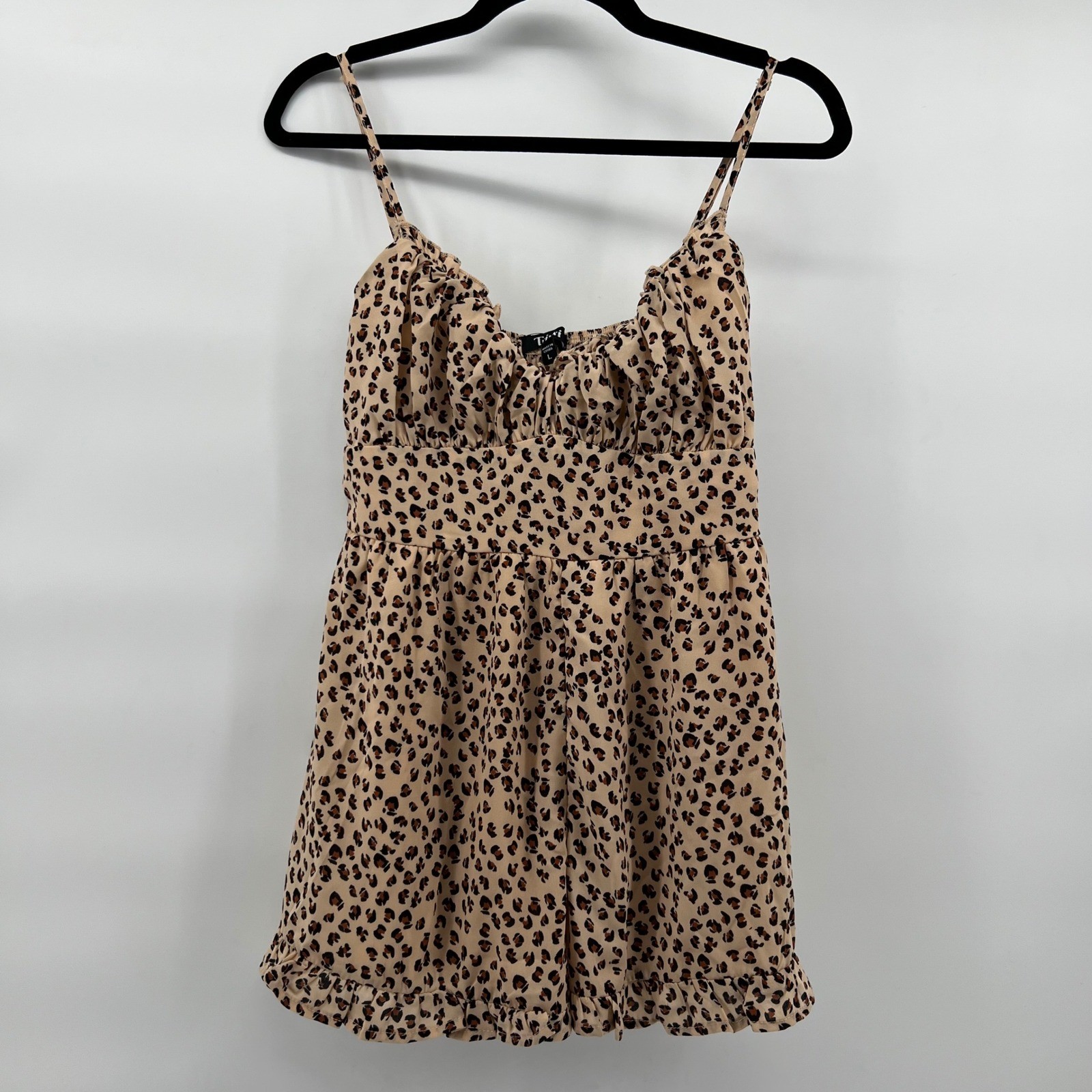 Trixxi Francesca’s Leopard Print Mini romper Dress Women’s Large Spaghetti Strap