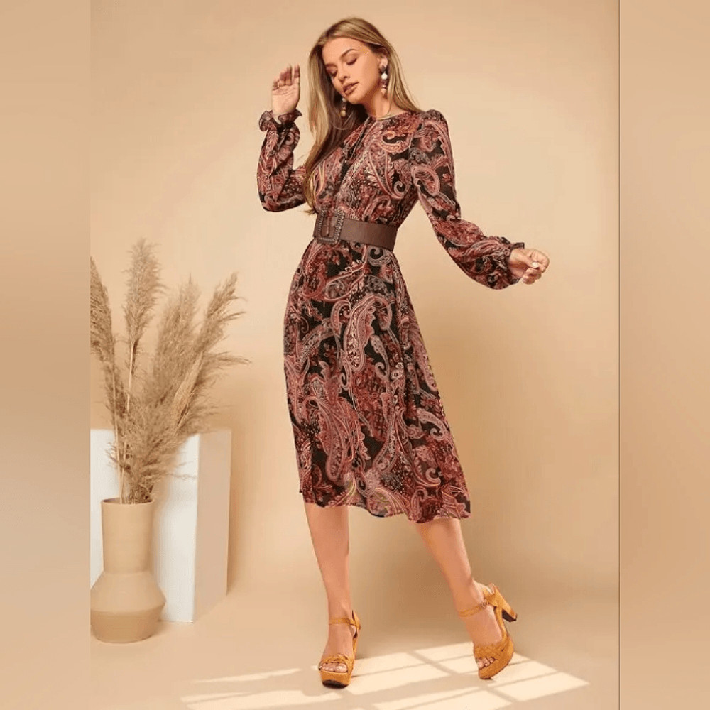 Shein Rust & Black Paisley Midi-Dress, Wide Belt, Bishop Sleeves Sz 12,XL, NWOT