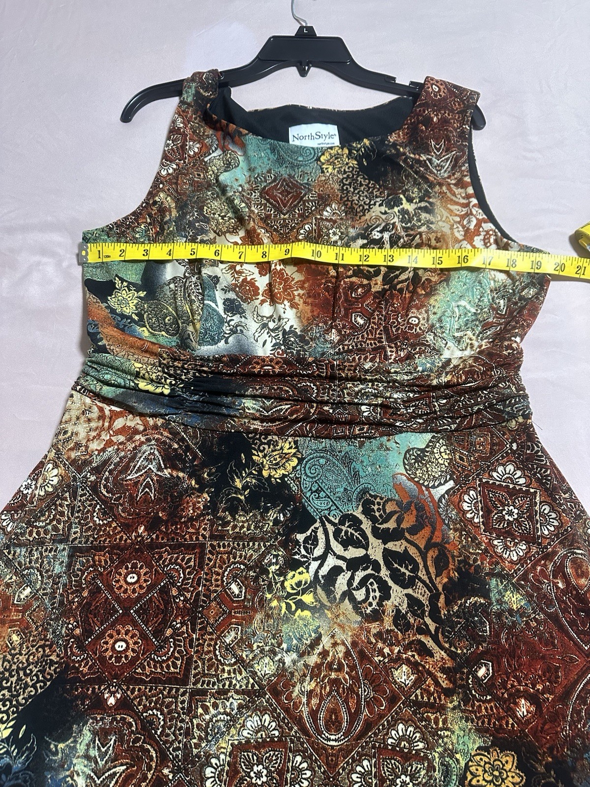 NorthStyle Multicolor Paisley Round Neck Ruched Stretch Lined A-Line Dress 14