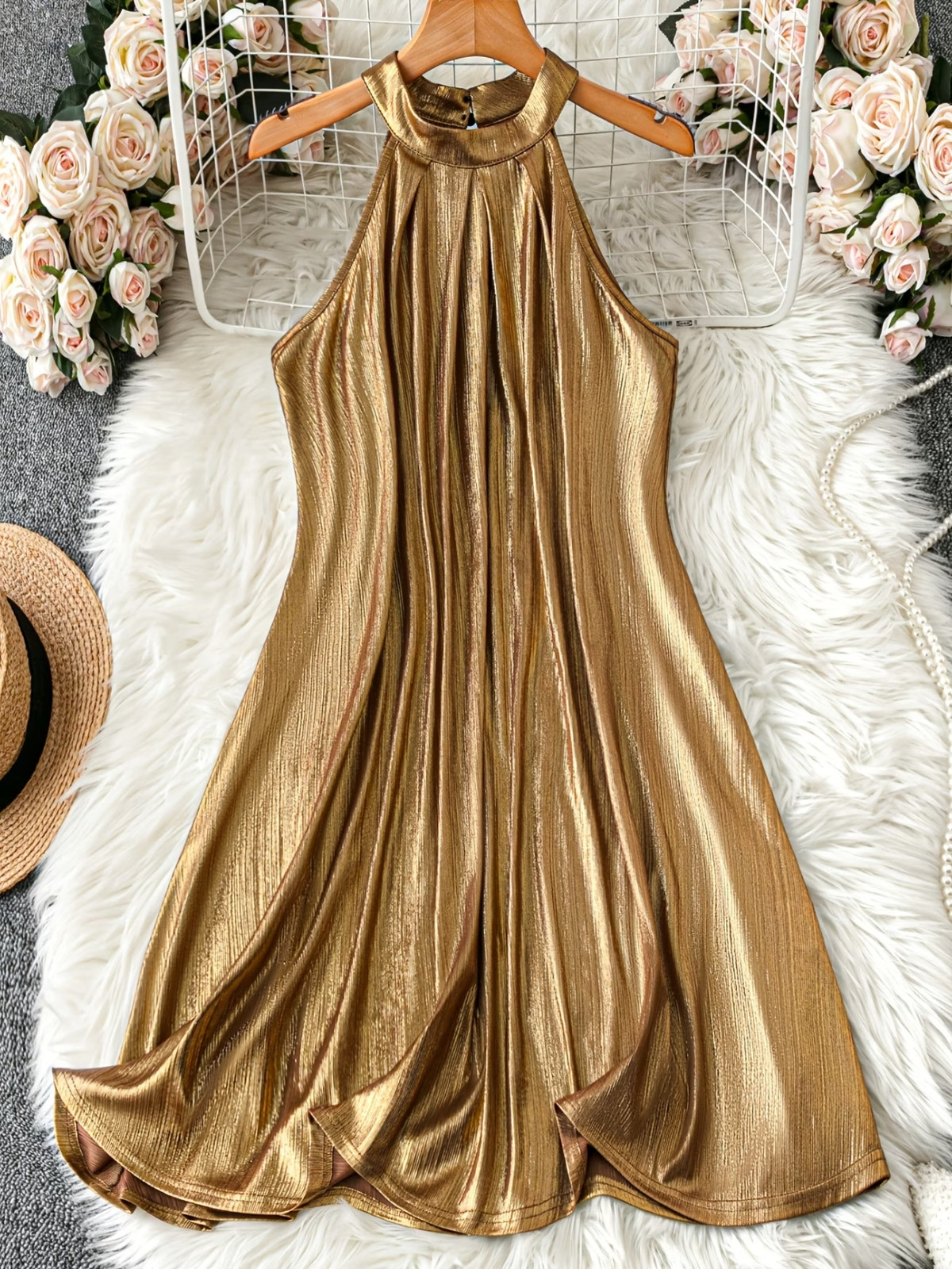 Women’s Gold Backless Mini Dress A-Line Sleeveless Party Cocktail Evening