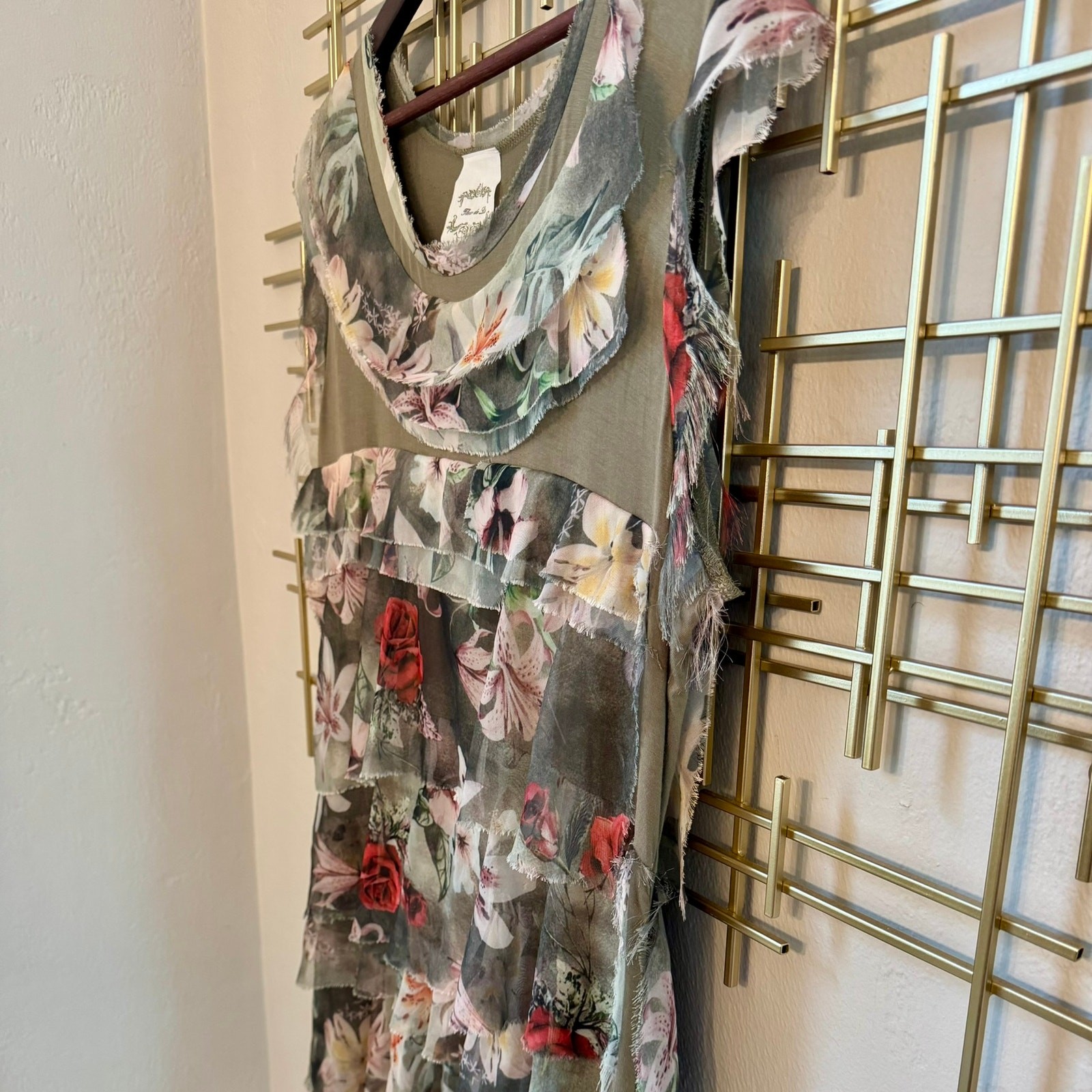 Fleur de Lis XL Tiered Floral Mesh Midi Dress Raw Edge Boho Cottagecore