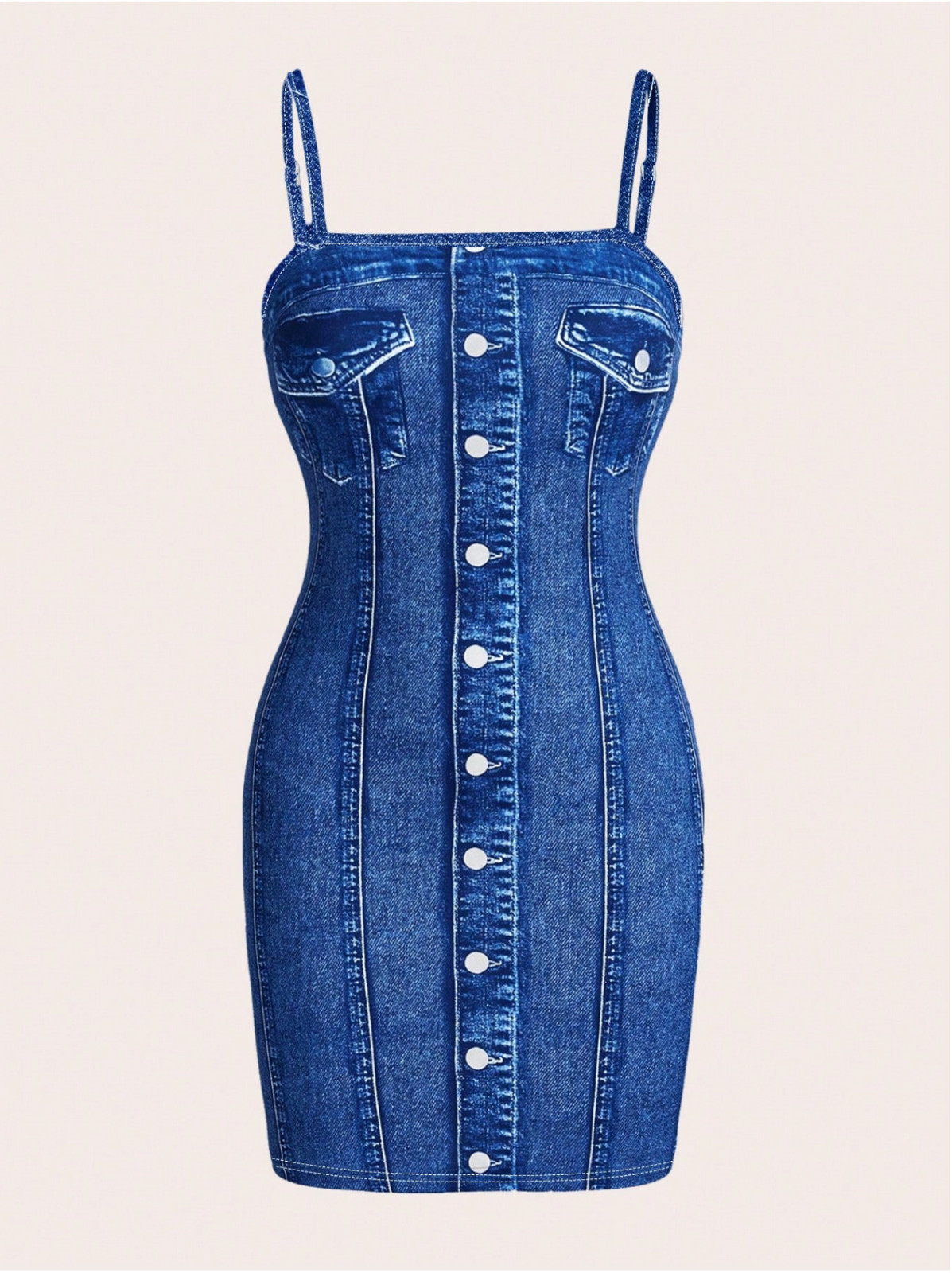 Gaze Women’s Spaghetti Strap Simple Fitted Digital Print Denim-Effect Dress