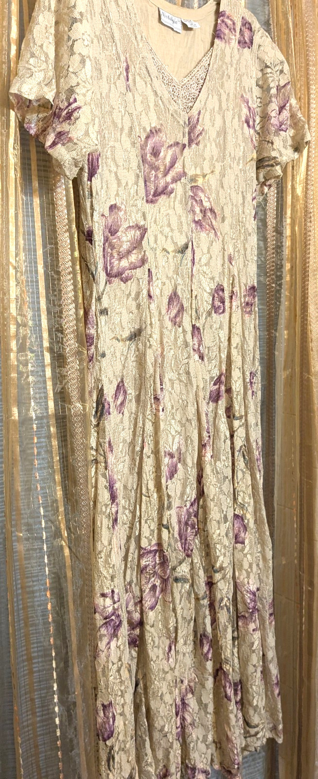 Nostalgia Brand 90s Overlay Maxi Dress Featuring Ecru & Burgundy Floral Lace. L
