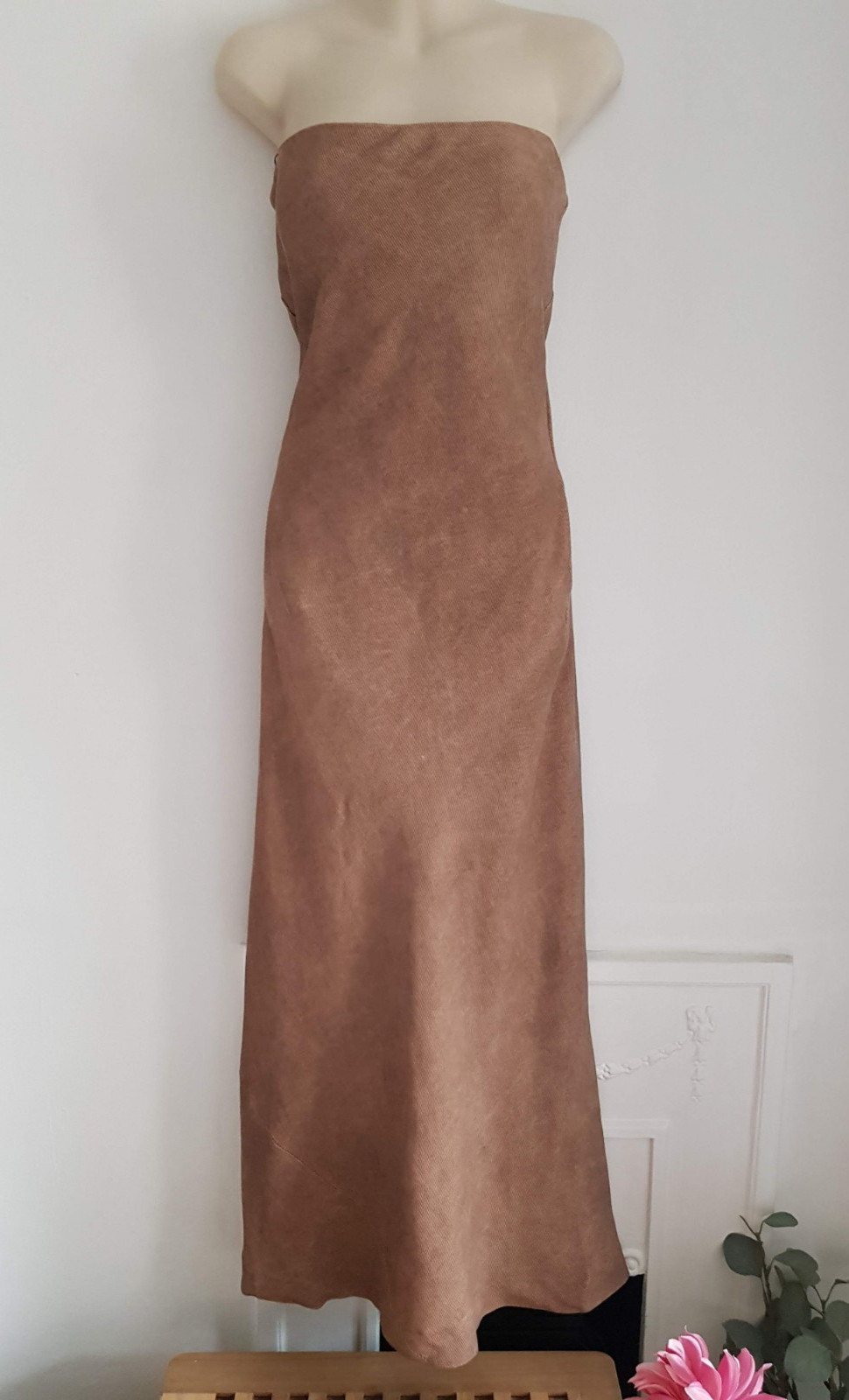 Zara Brown Textured Maxi Dress, UK Size M 10-12 Linen Pockets
