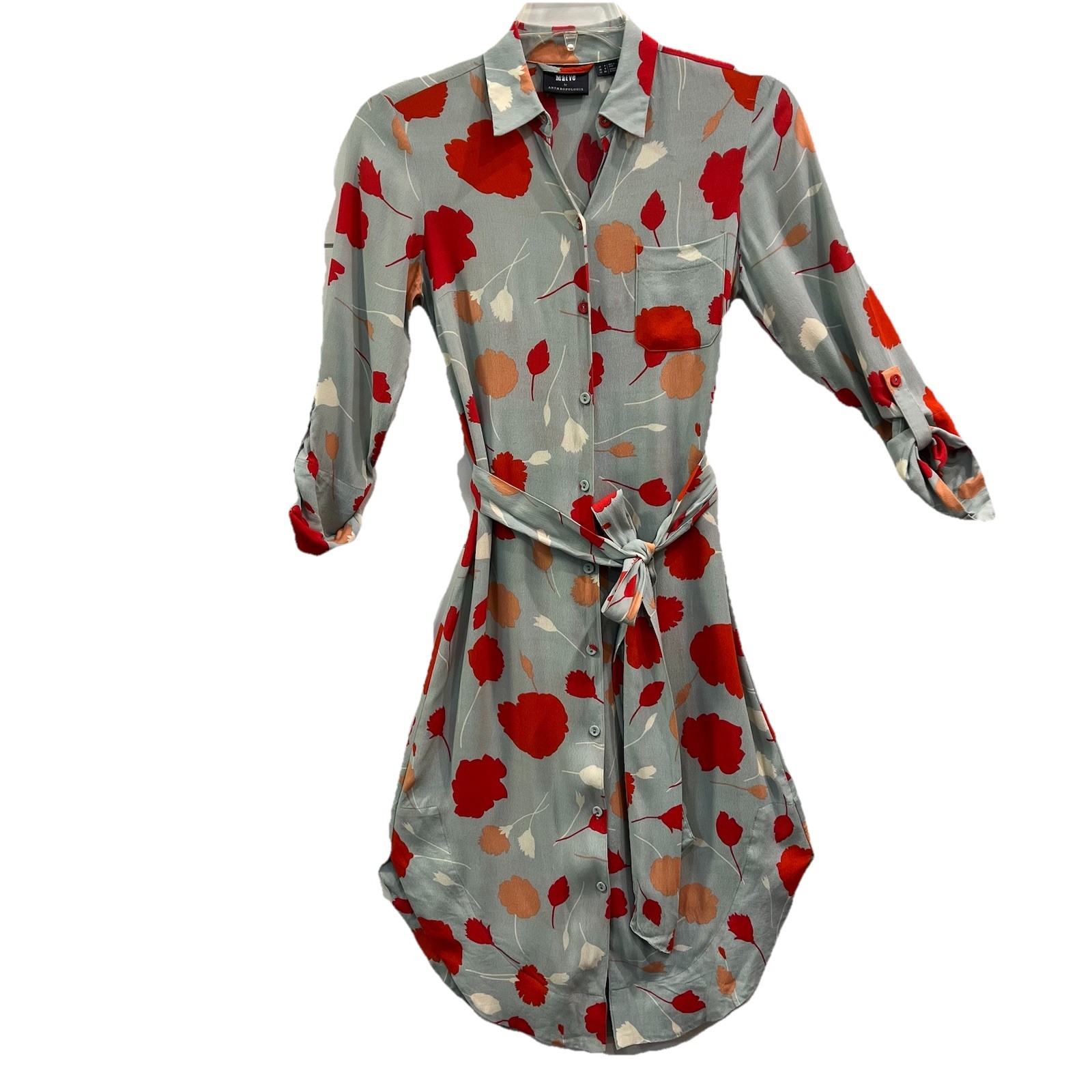 Anthropologie Maeve Midi Shirt Dress Size 0 Martina Floral 3/4Sleeve Sea Green