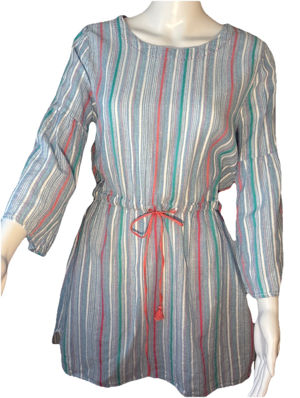 Hatley Dress Womens size Small striped Cotton Linen Woven w/ Drawstring Waist