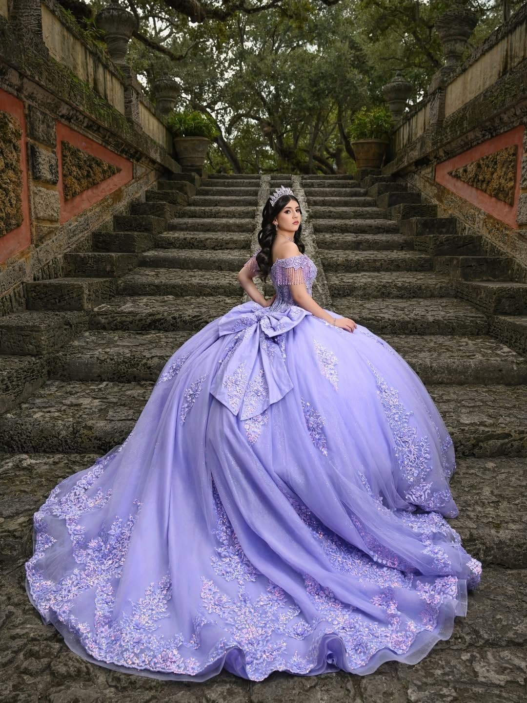 Shiny Lavender Tasseled Off Shoulder Quinceanera Dress Lace Applique Ball Gowns