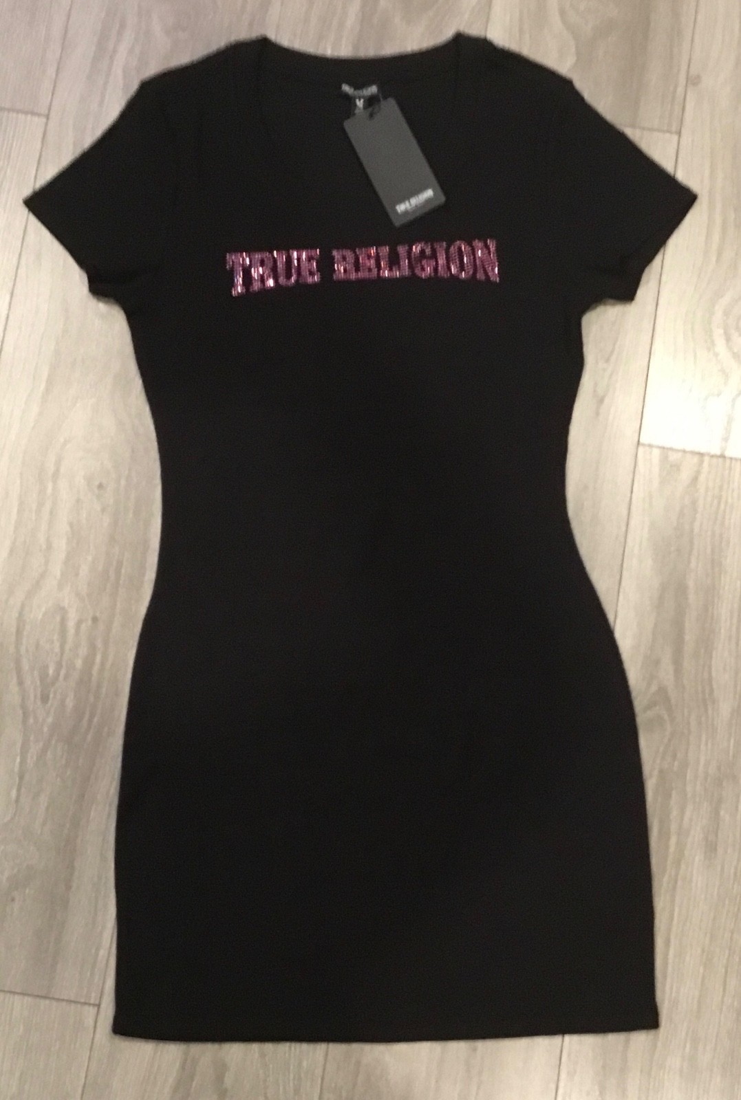 NWT True Religion Ribbed Crystal Logo Black Stretch Tee Dress Size Large