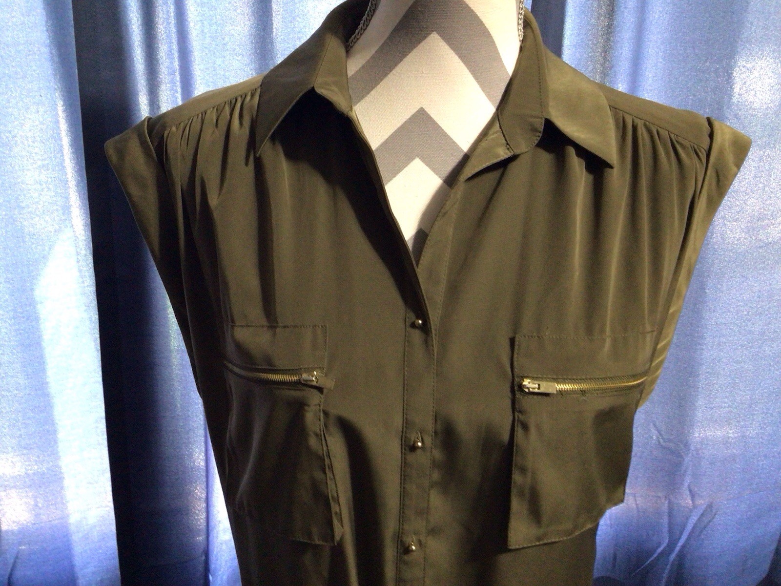 Express Olive Sleeveless Button Front Zip Pockets Belted Lined Short Dress M