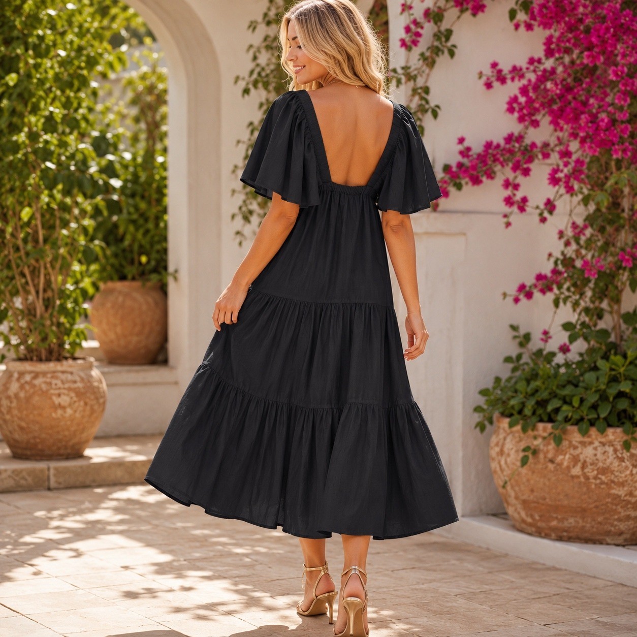 VENUS Black Tiered Midi Dress Flutter Sleeve Open Back Cotton Blend Medium