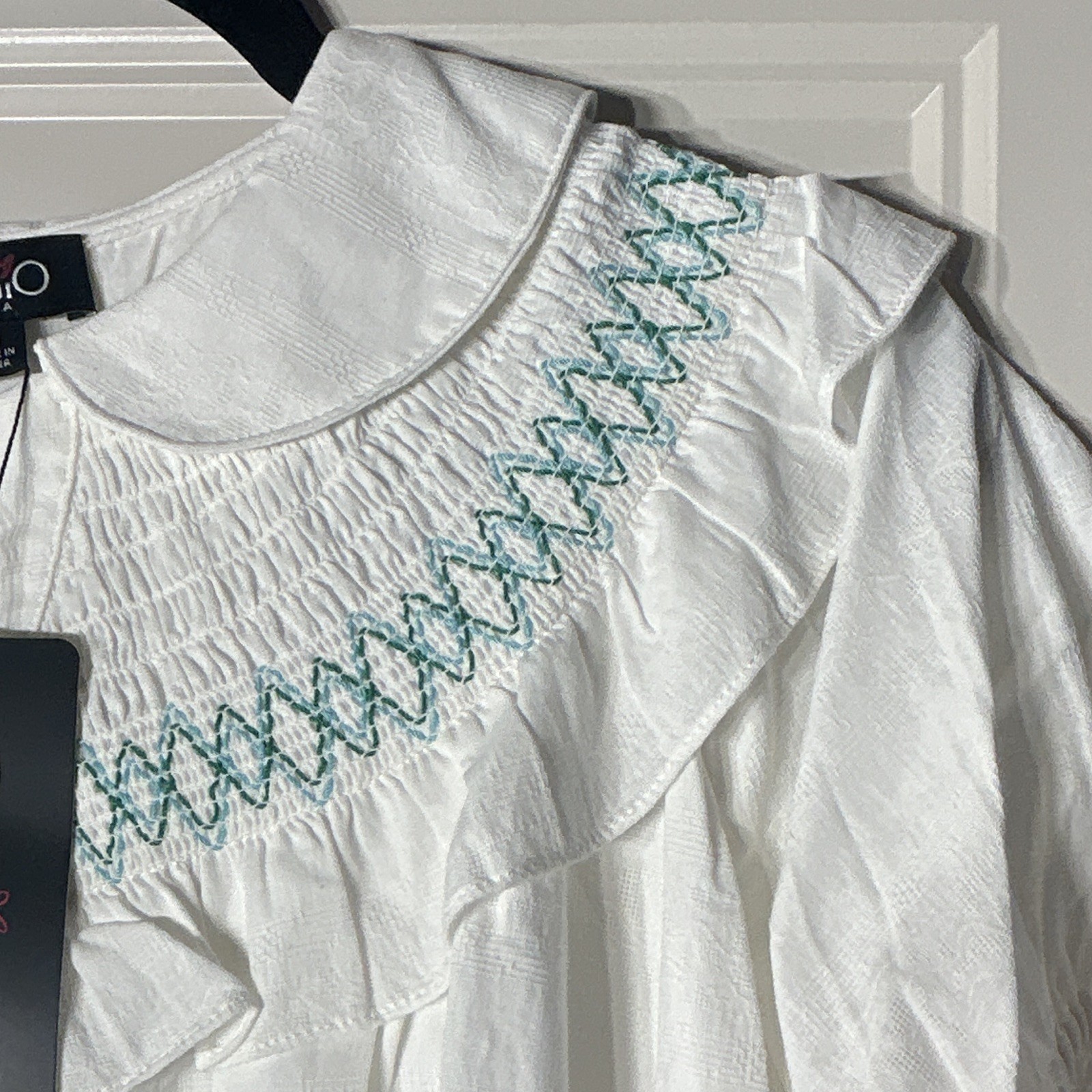 GiGiO Women’s White Collared Smocked Embroidered A-Line Dress Button Front M