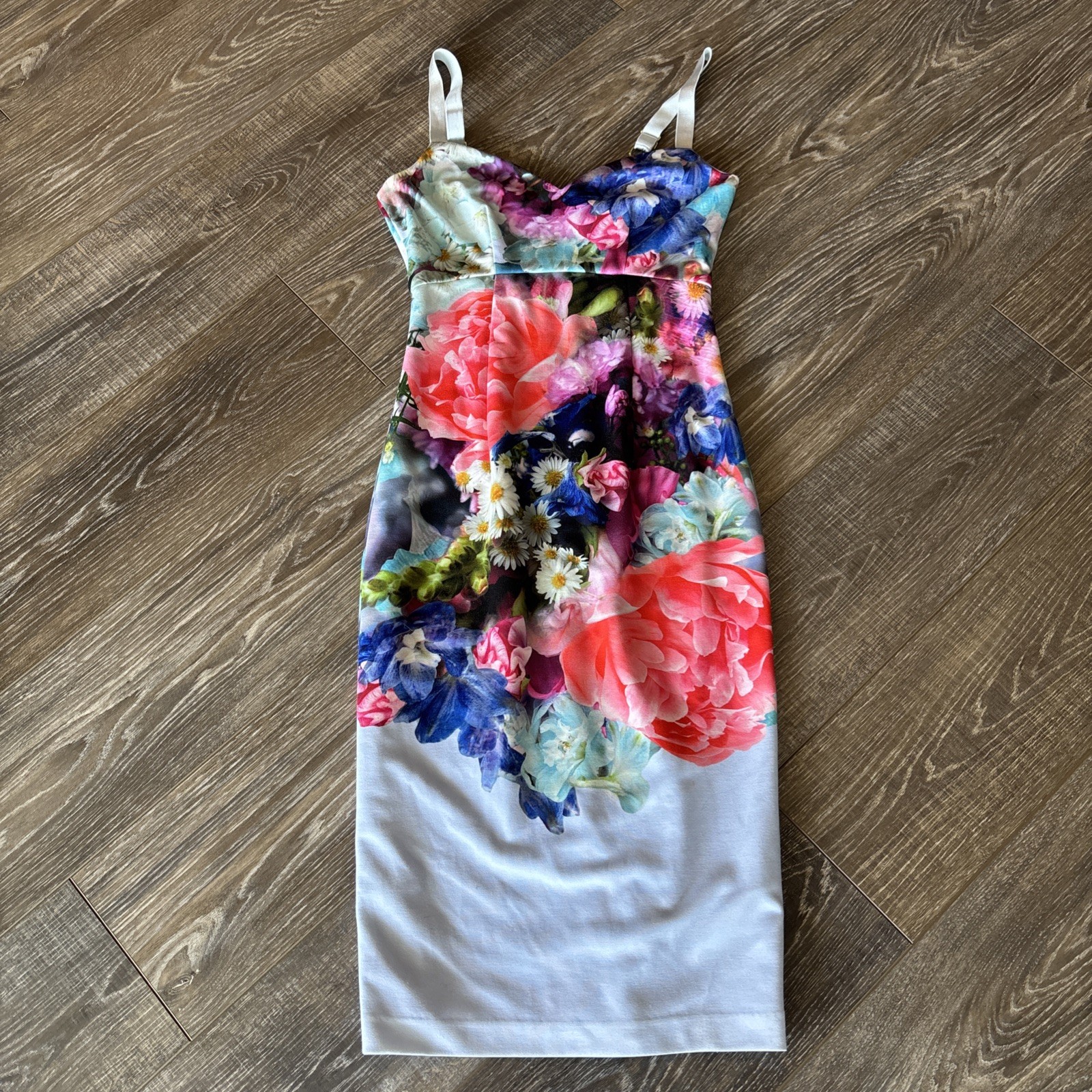 Ted Baker Light Blue Multicolor Floral Sleeveless Sheath Dress, Size 1 (US 2-4)