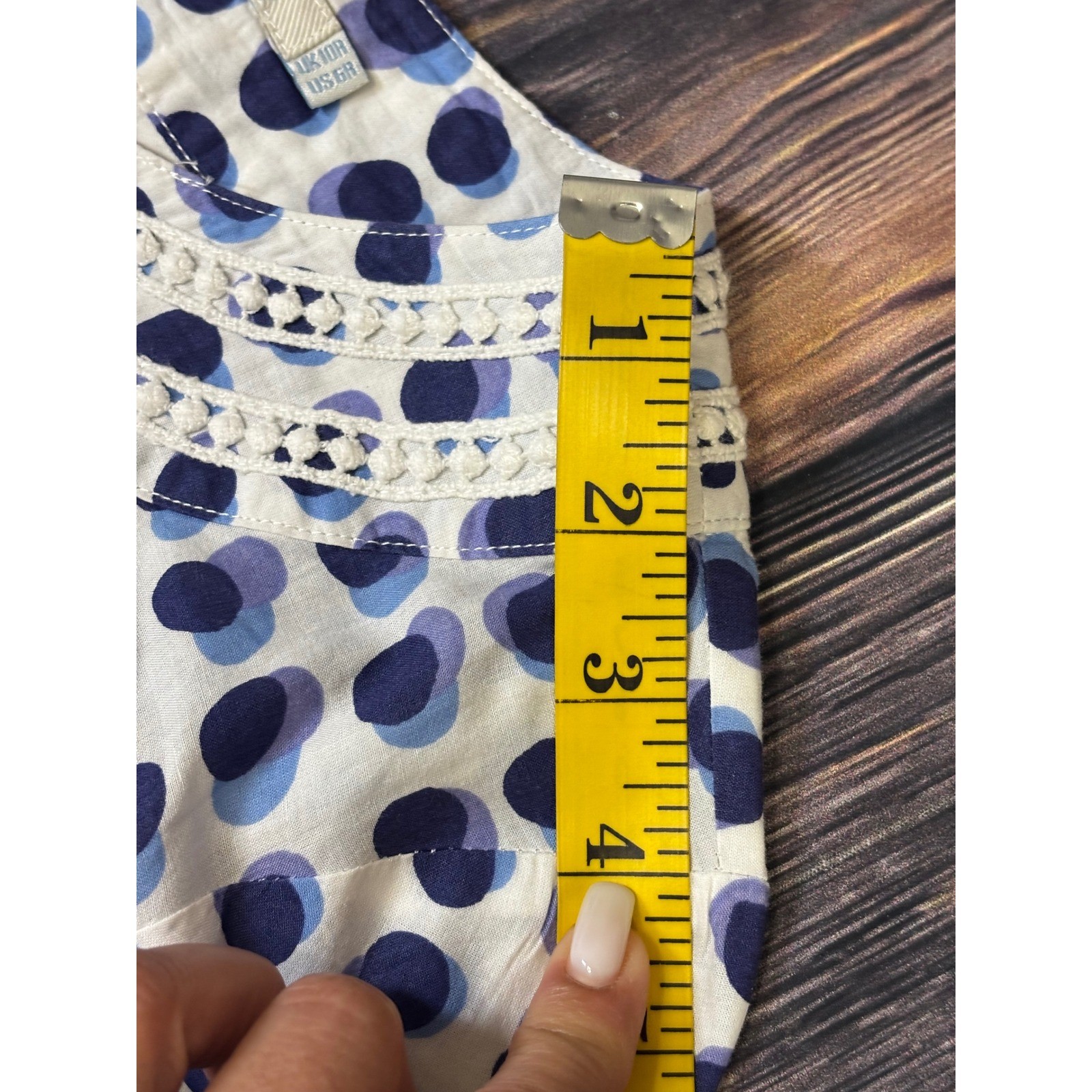 Boden Tunic Top Womens US 6R Blue Purple Polka Dot Cotton Crochet Trim Boho