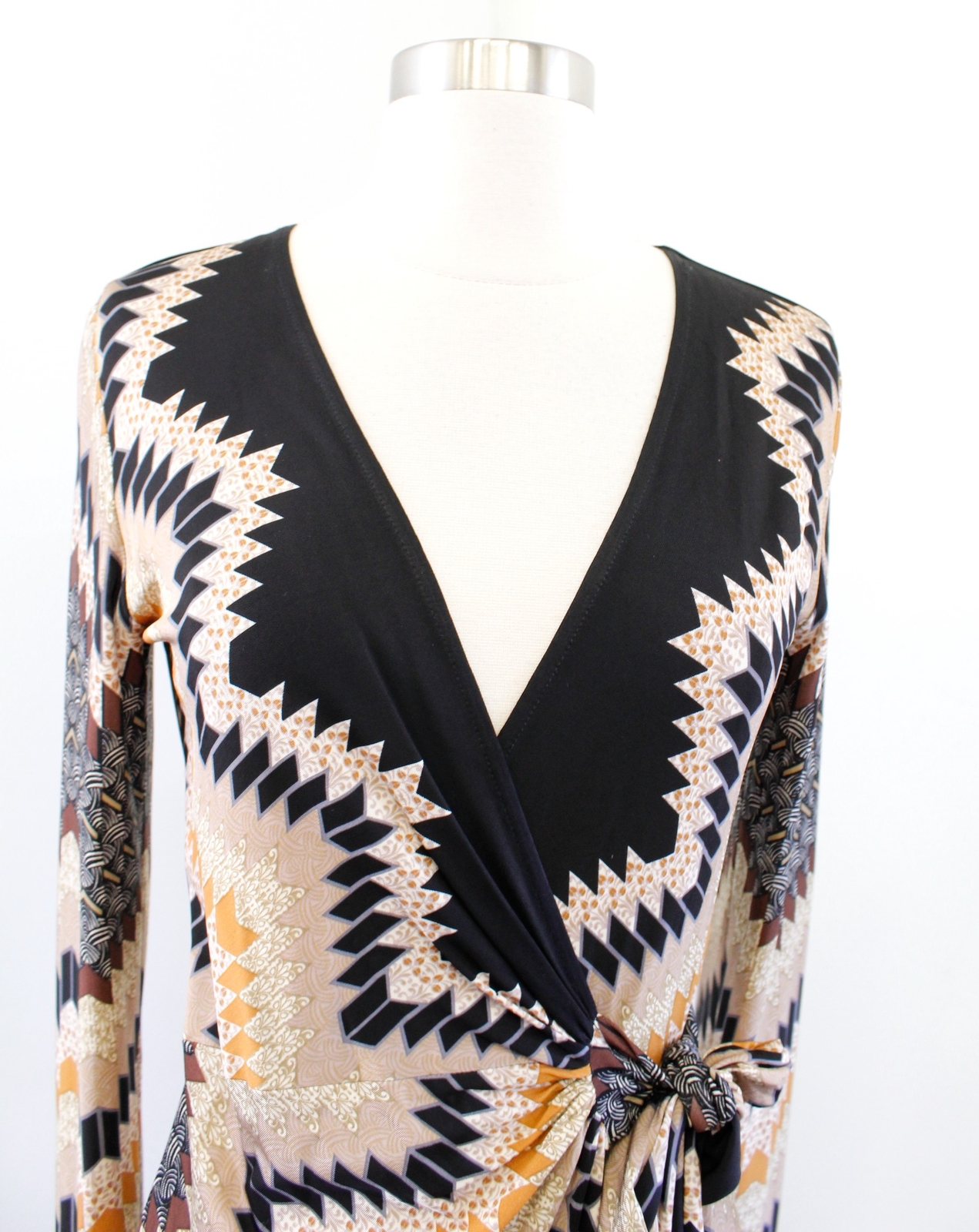 Cache Black Multi Color Geometric Chevron Print Jersey Wrap Dress Size S