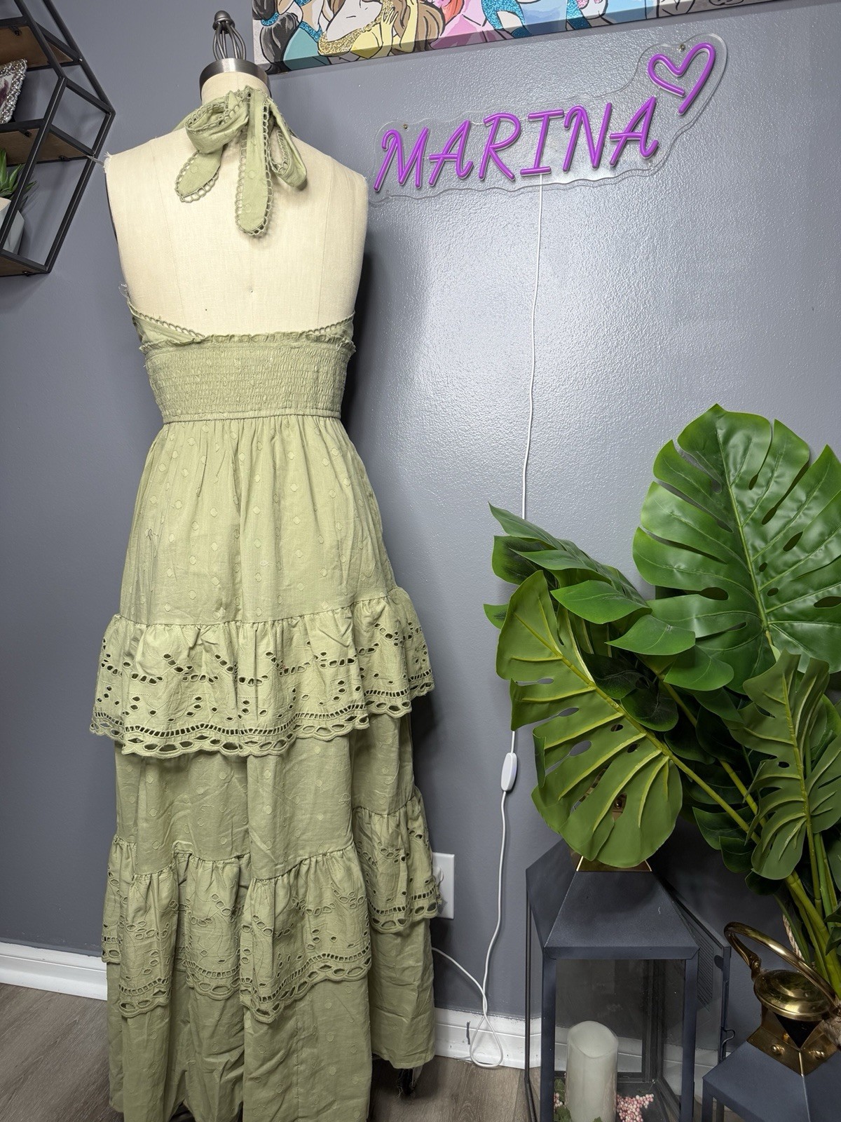 Cotton Halter Tiered Maxi Dress with Eyelet Lace Trim and Ruffles Size L