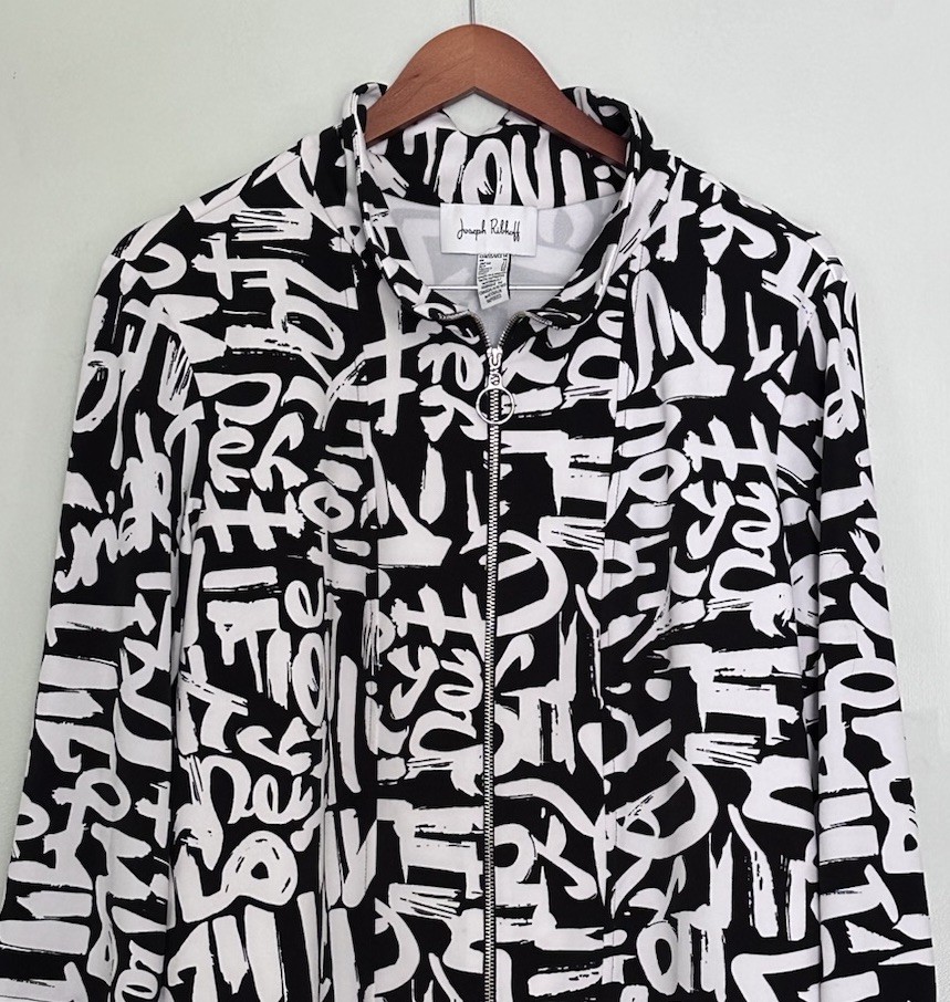 Joseph Ribkoff Black White Abstract Print Zip Front Tunic Dress 3/4 Sleeve Sz 14