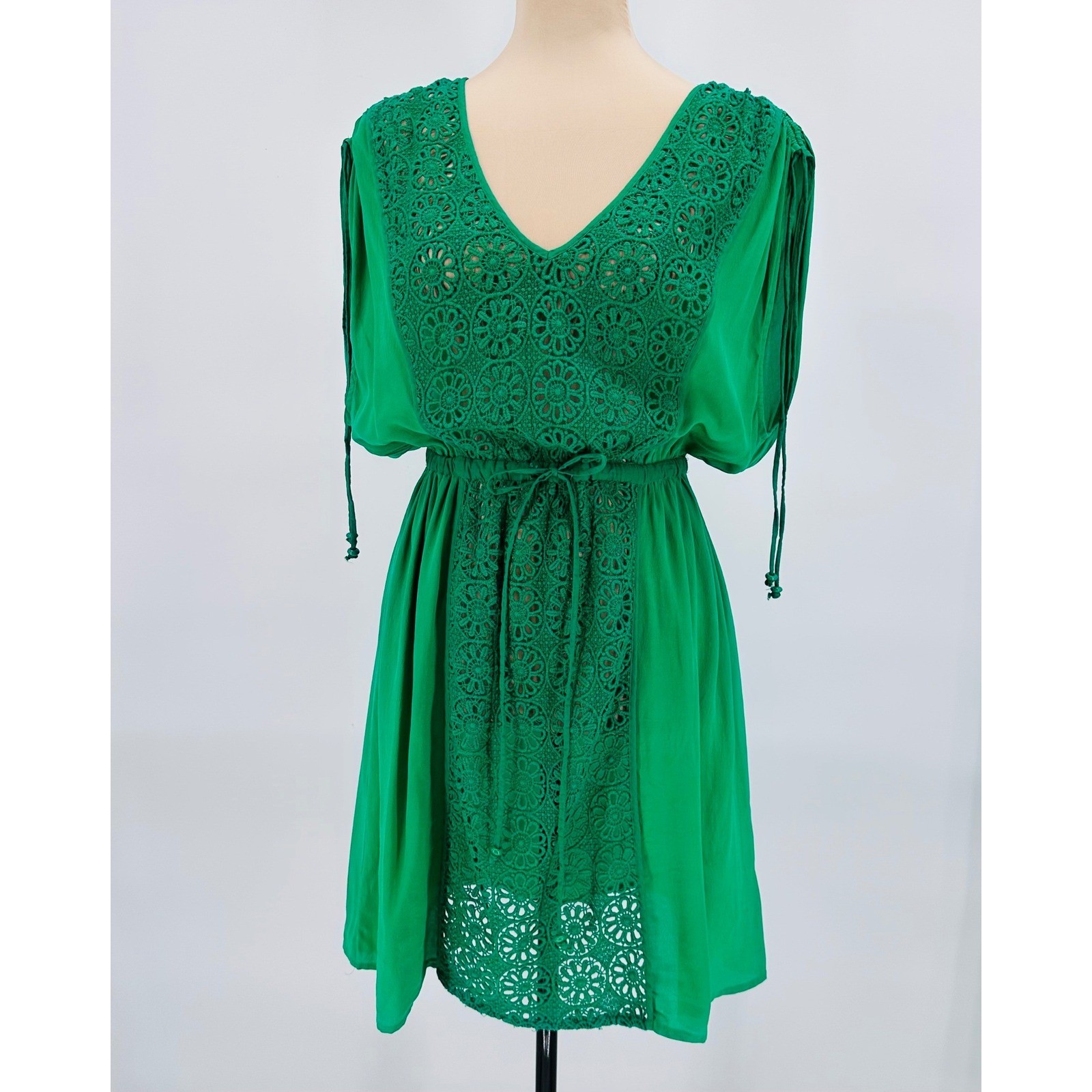 Plenty by Tracy Reese Green Silk Lace Crochet V-Neck Drawstring Dress Small