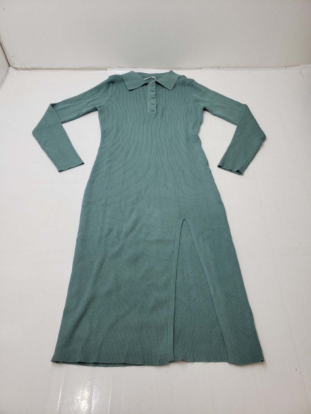 Deep Self Womens Dress Long Sleeve 1/4 Button Collared Stretch Ribbed Green M