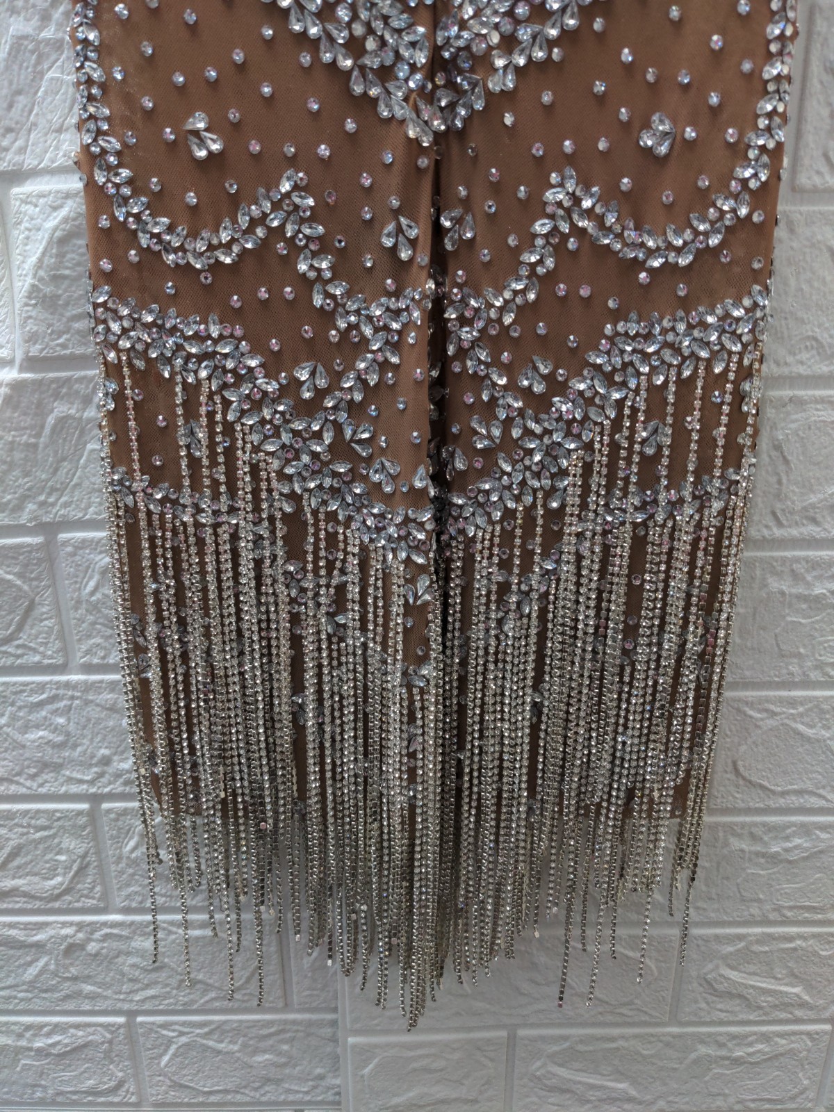 Pre-owned Mew Mews Strapless Embellished Rhinestone Fringe Mesh Mini Dress Sz M