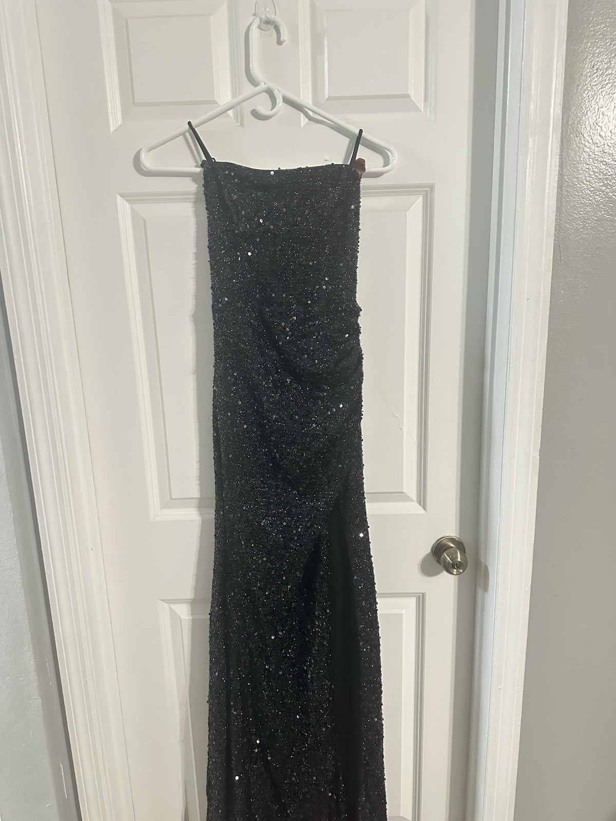 Beautiful black, full length, sequined prom dress with lace up back Size Xs
