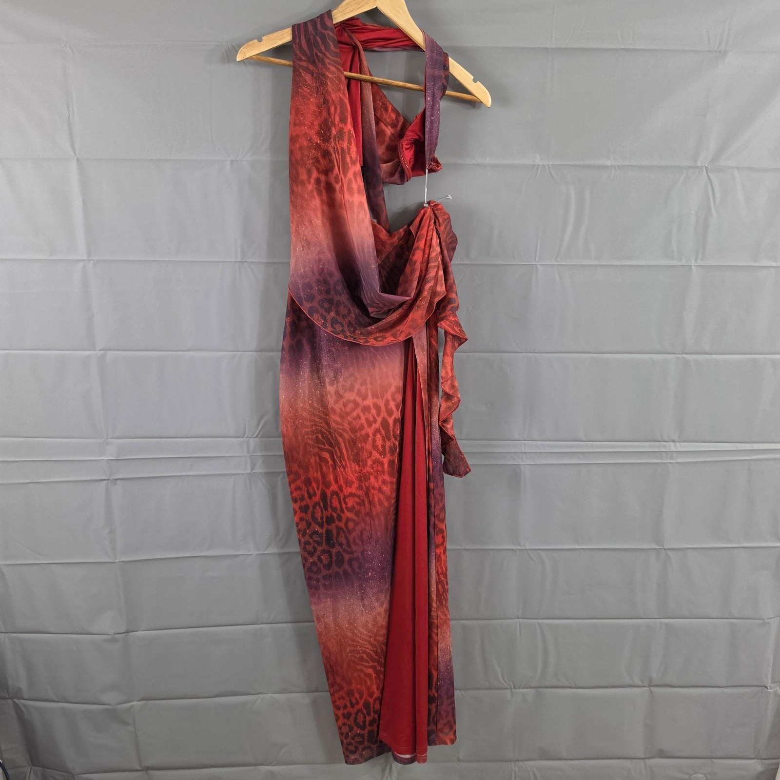 Outcast Dress Small Solei Maxi One Shoulder Ruffle Red Leopard Mesh Party Sexy