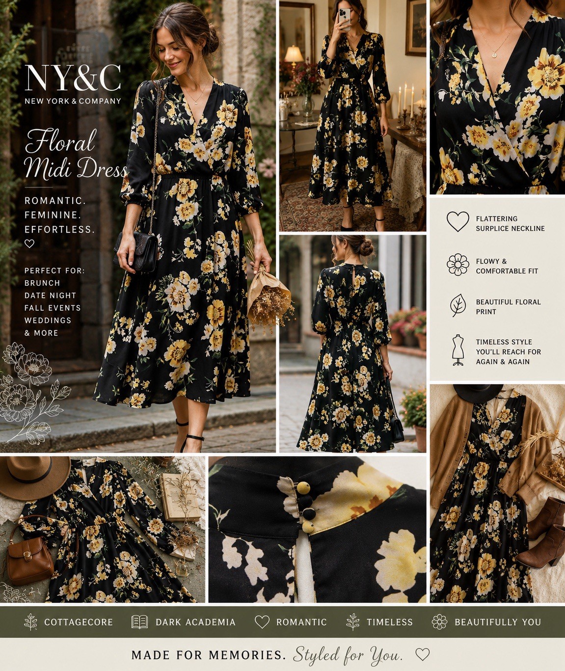 NY & Co Floral Midi Dress Medium Black Yellow Cottagecore Surplice Fall Romantic