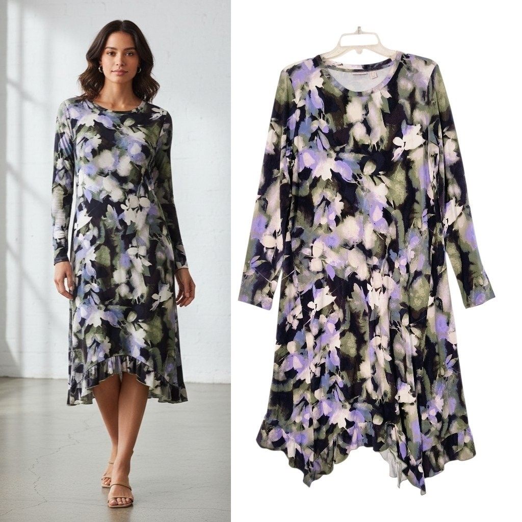 LOGO Lori Goldstein Floral Midi Dress M Stretch Knit Asymmetric Ruffle Hem