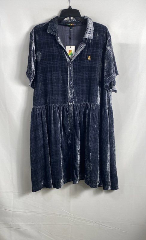 Teddy Fresh Women’s Navy Velour Plaid Button Up Mini Dress NWT Sz XL