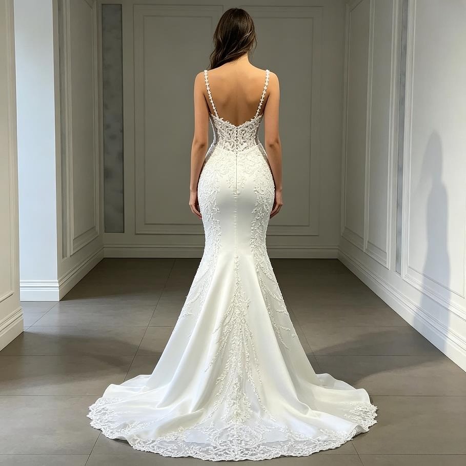 Sleeveless V-neck Mermaid Lace Wedding Dress Satin Detachable Train Bride Gown