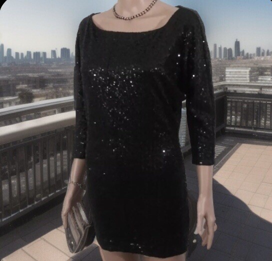 Black Sequin Dress (SIZE TAG MISSING) Bust 32in Length 30in Boat Neck 3/4 Sleeve