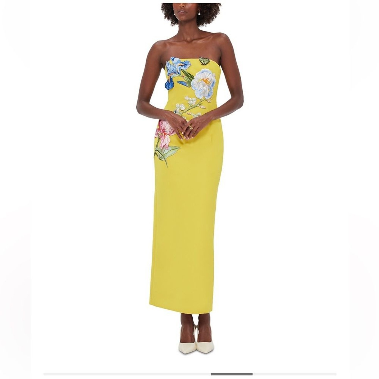 Leo Lin Rayna Floral Appliqué Bustier Maxi Dress Yellow Strapless Luxury US 2