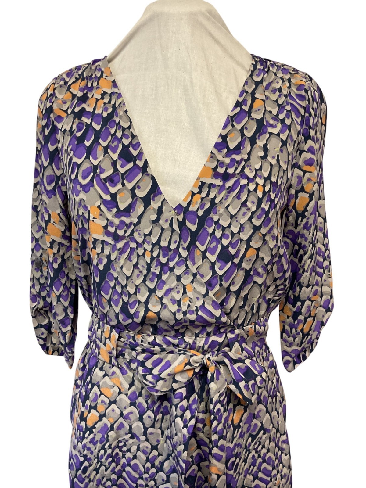 Presley Skye XS 100% Silk Abstract Print Wrap Dress W/ Belt Purple Peach & Grey