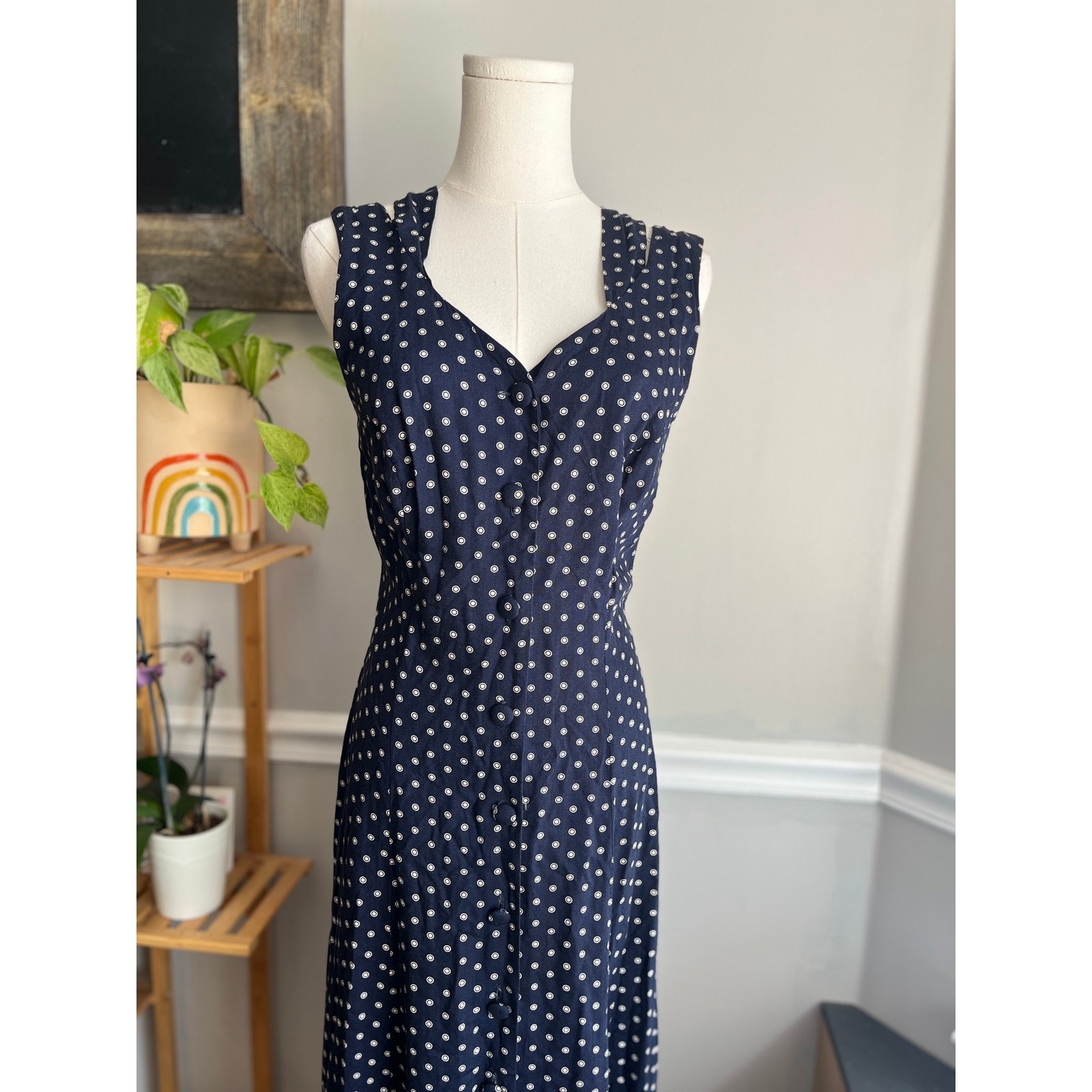 Vintage 90s Maxi Dress Navy Cream Polka Dots Button Front Rayon Size Small