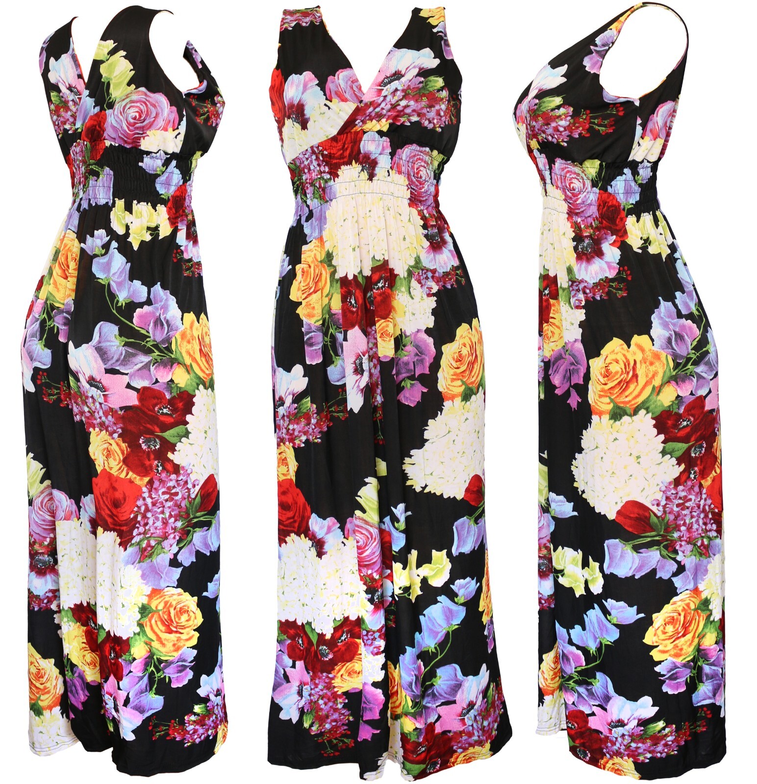 Women’s Deep V-Neck Multi Floral Smocked Waist Summer Sundress Long Dress