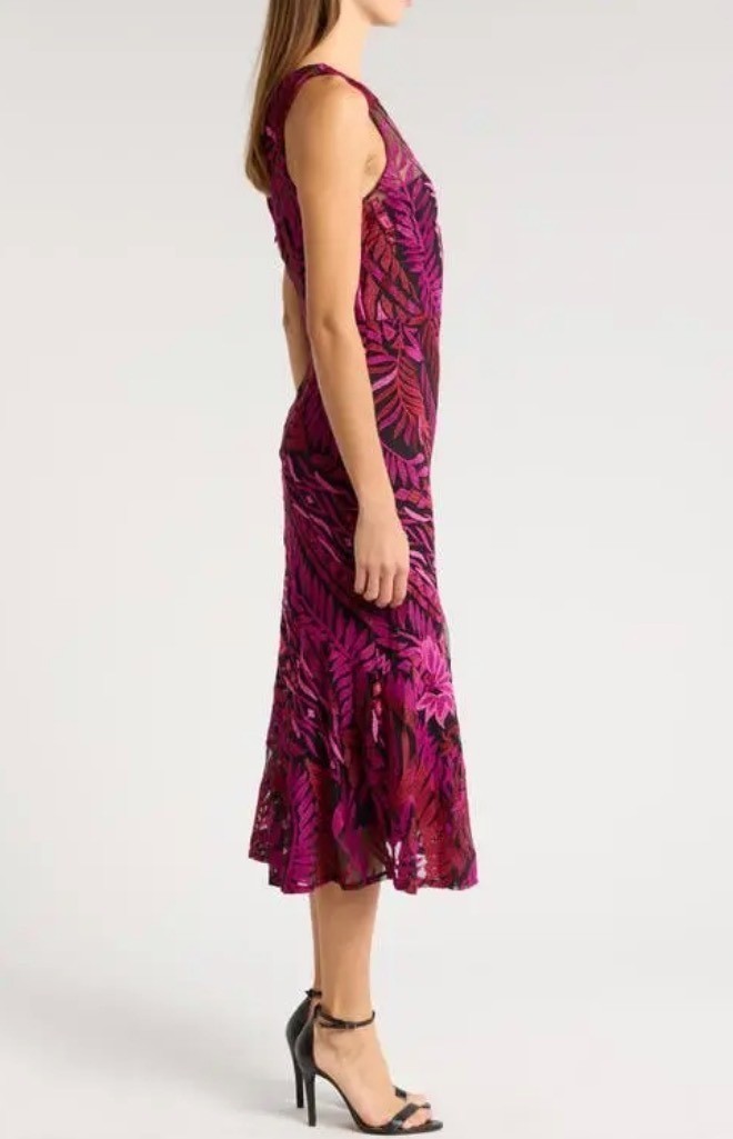 SAM EDELMAN Laurel Leaf Embroidered Midi Dress Sz 12 Pink Red Black Sleeveless