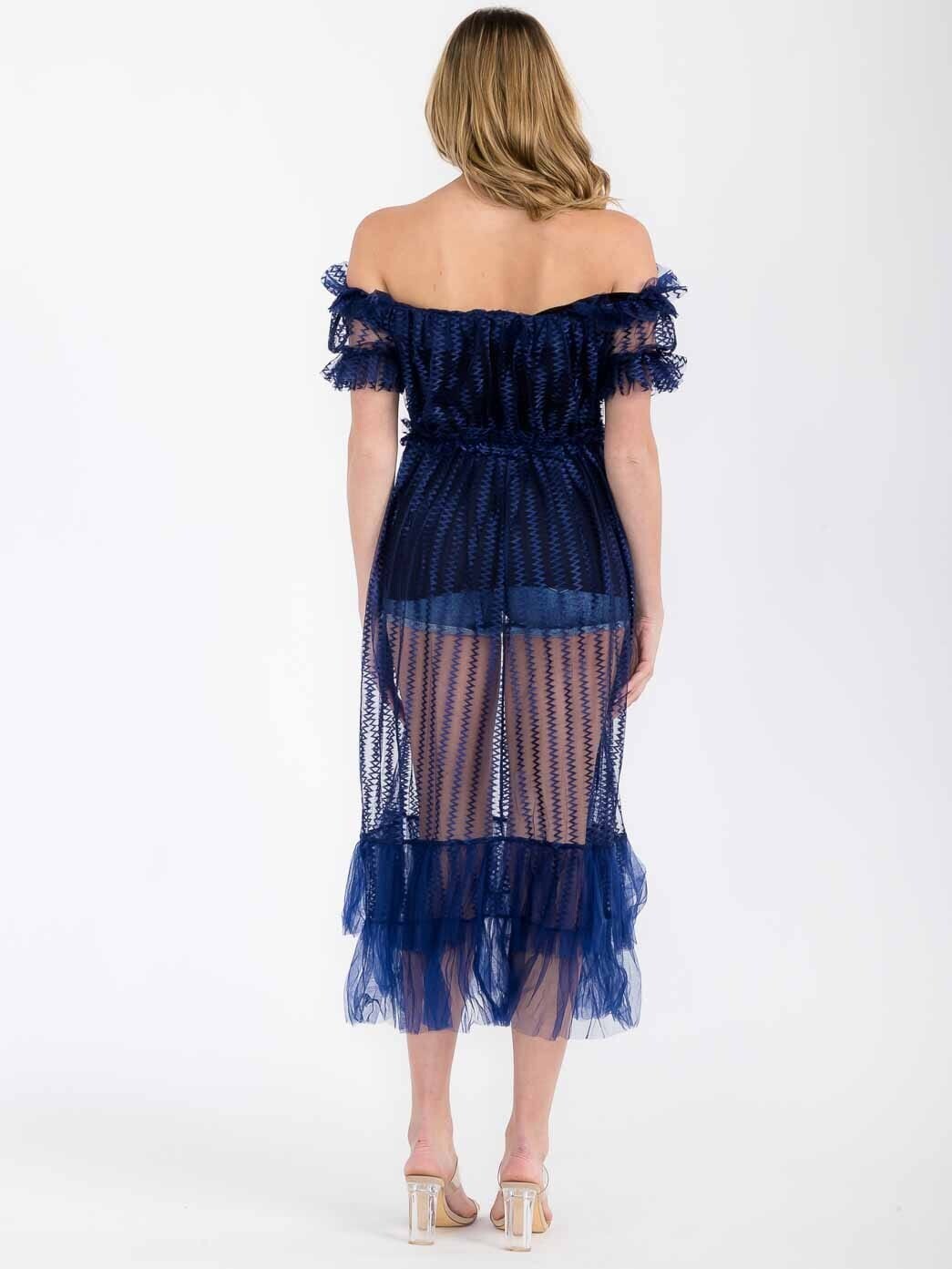 Blue See through Mesh Ruffle Off Shoulder Pleated Midi Dress Top Beach Cover Up