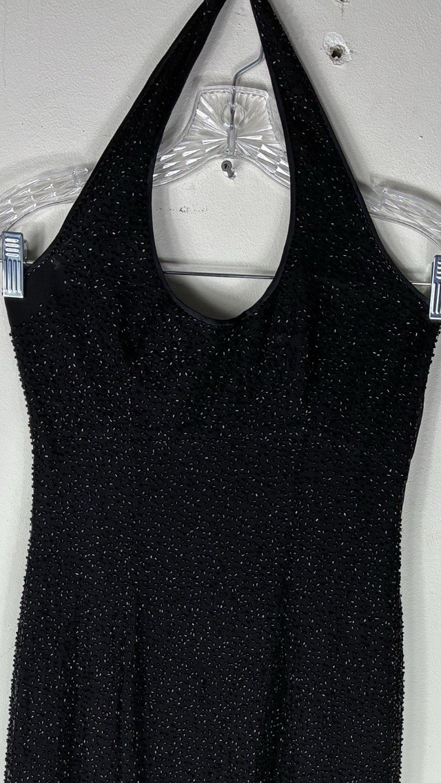 Vintage 80s Beaded Bieff Basix Formal Prom Halter Full Length Dress Size 4